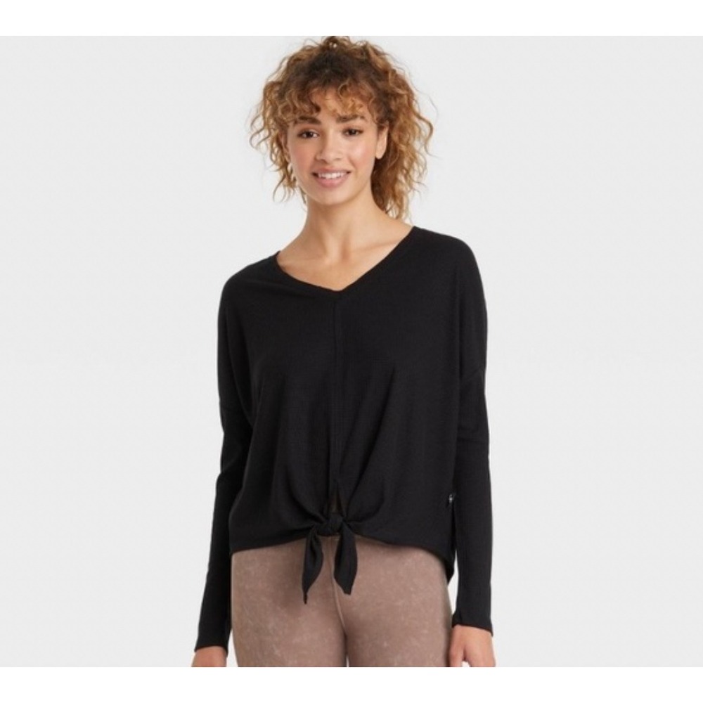 JoyLab Textured Tie-Front‎ Long Sleeve Top Size Small Dark Gray